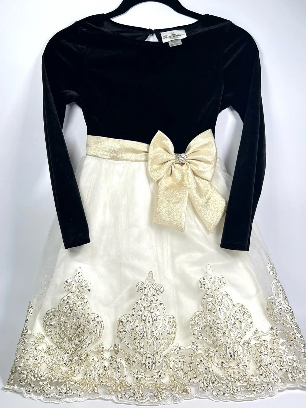 Rare Editions Black Velvet and Cream Tulle Dress Gold Bow and Embroidered Skirt